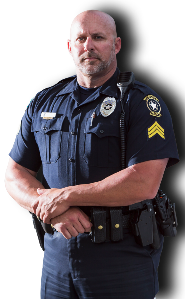 A police officer stands confidently with arms crossed, displaying authority and readiness in a professional stance.