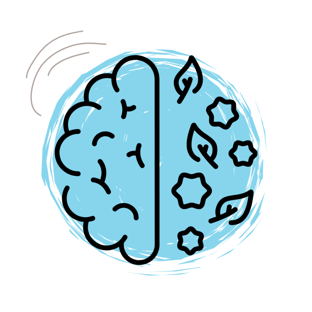 A blue and black illustration of a brain adorned with stars, featuring a prominent star in the design.