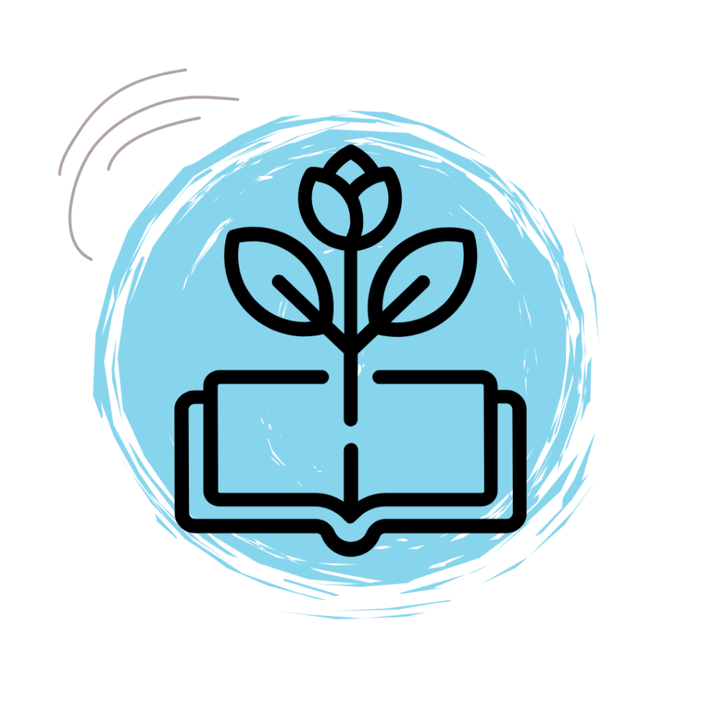 A blue and black icon depicting a book with a green plant emerging from its pages, symbolizing growth and knowledge.