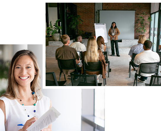 A woman presents confidently to an engaged audience, sharing insights in a professional setting.